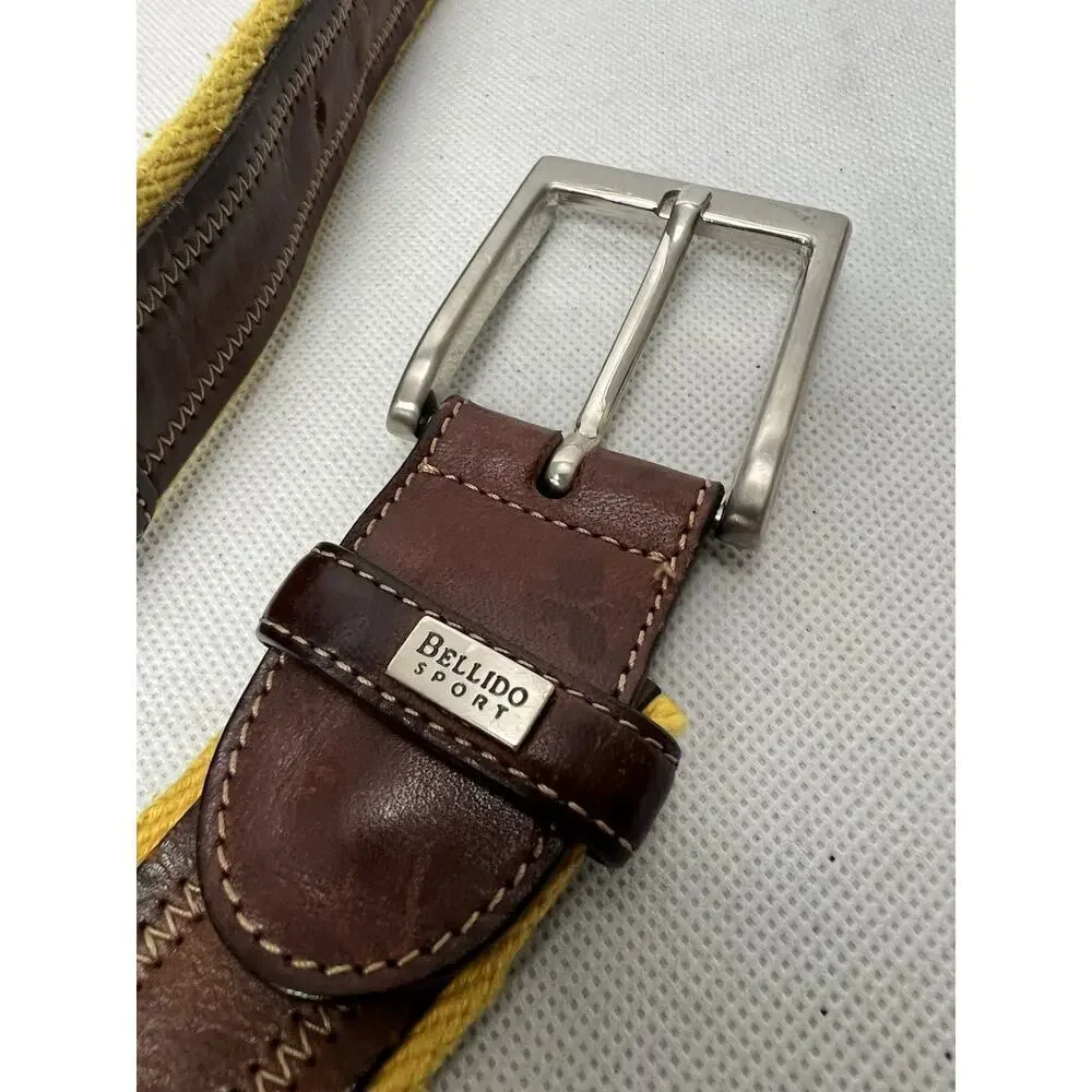 Miguel Bellido Sport Belt Men's Size 38 Leather Textile Woven Yellow Brown Spain